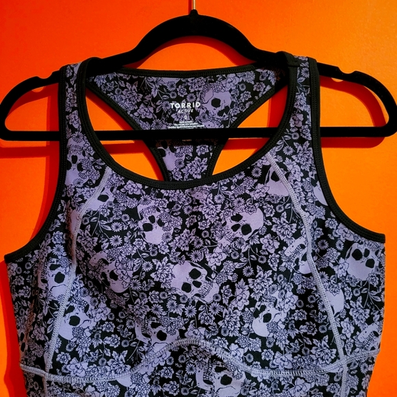 Racerback Torrid Black Purple Skull Floral Wicking Active Bra - Picture 11 of 14